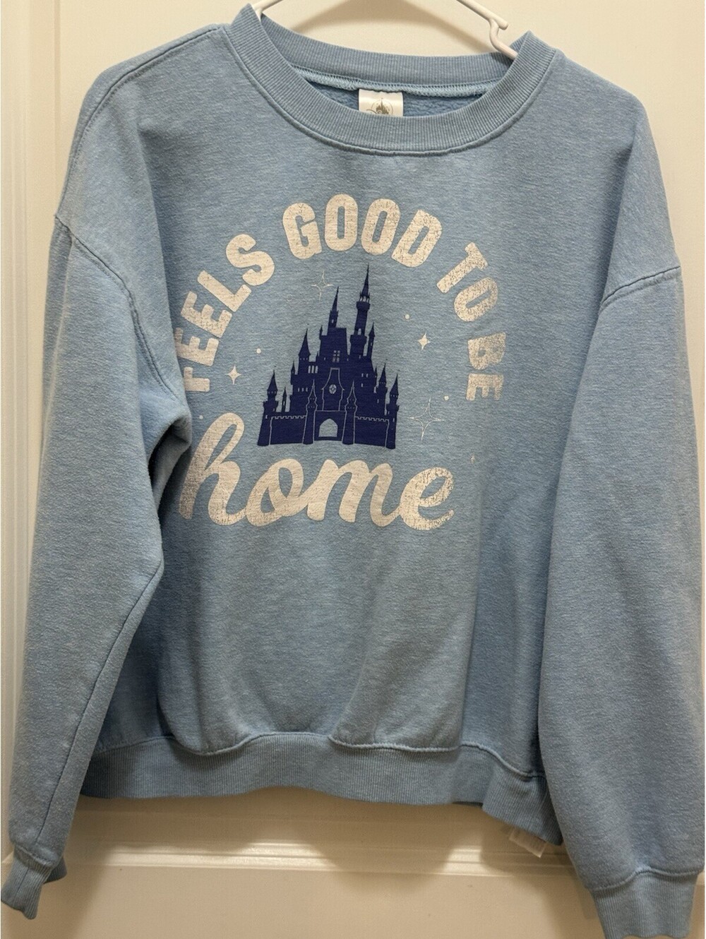 Disney Womens Large Blue Castle Sweatshirt Feels Good To Be Home Crewneck